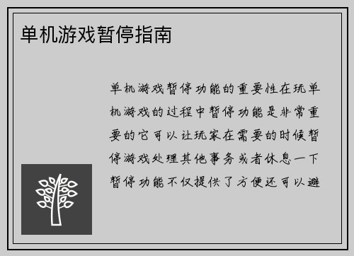 单机游戏暂停指南